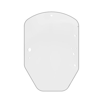 Front view of John Deere T344818 cab door windowpane with 9 mounting holes for skid steer loader