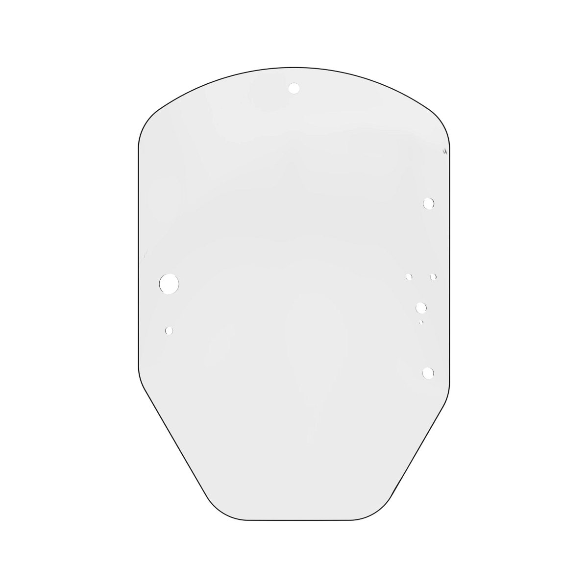 Front view of John Deere T344818 cab door windowpane with 9 mounting holes for skid steer loader