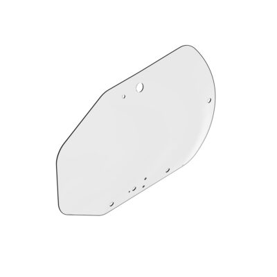 Angled view of John Deere T344818 tempered cab door glass showing hole placement
