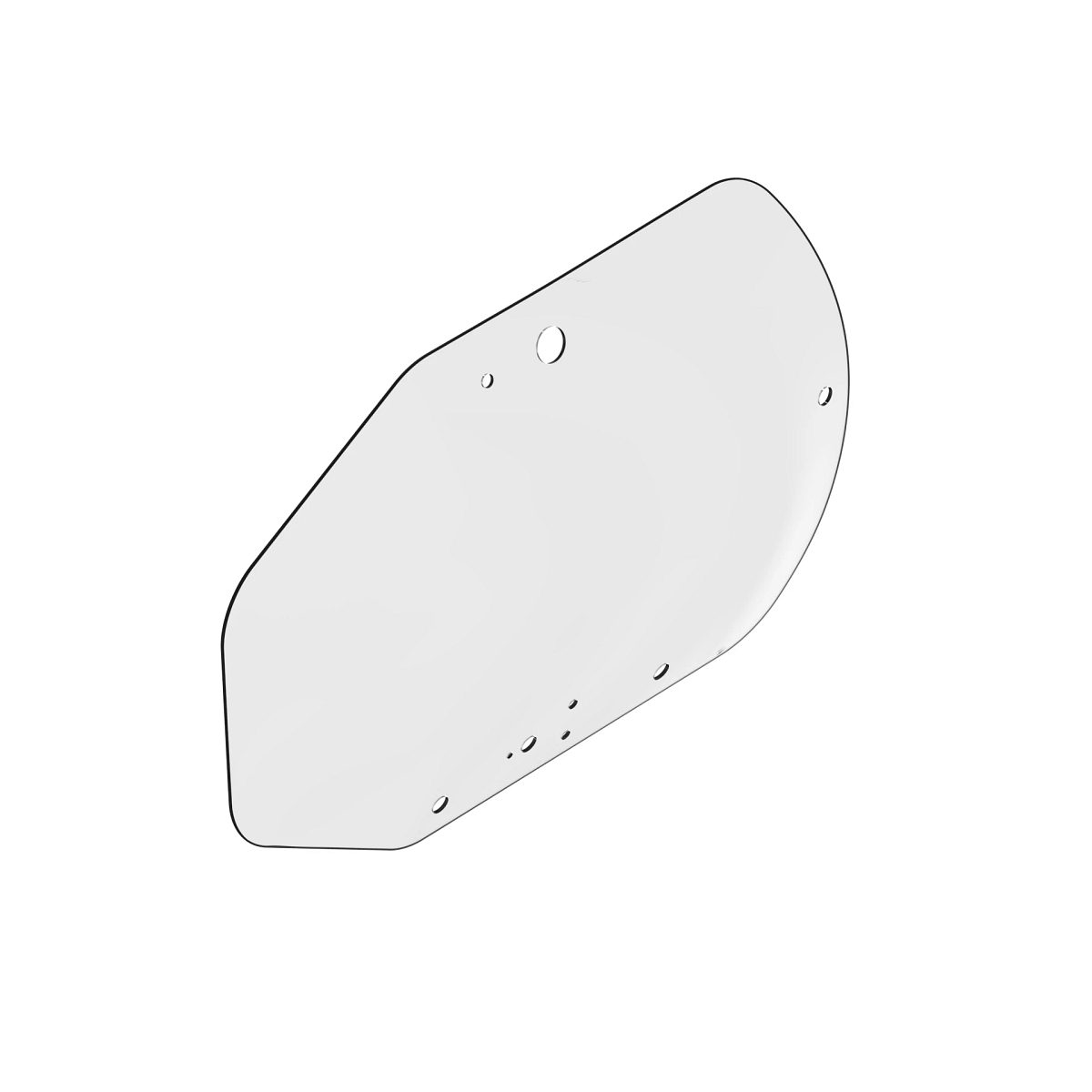 Angled view of John Deere T344818 tempered cab door glass showing hole placement